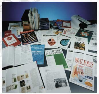 Some of the publications PCDS has produced, including Learned Publishing, Meat Focus International and Primary Care Pyschiatry