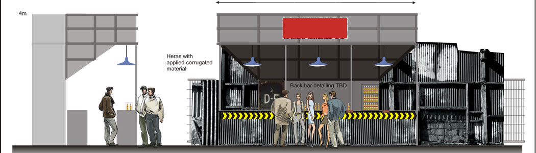 Elevational concept visual of festival bar set (branding removed)